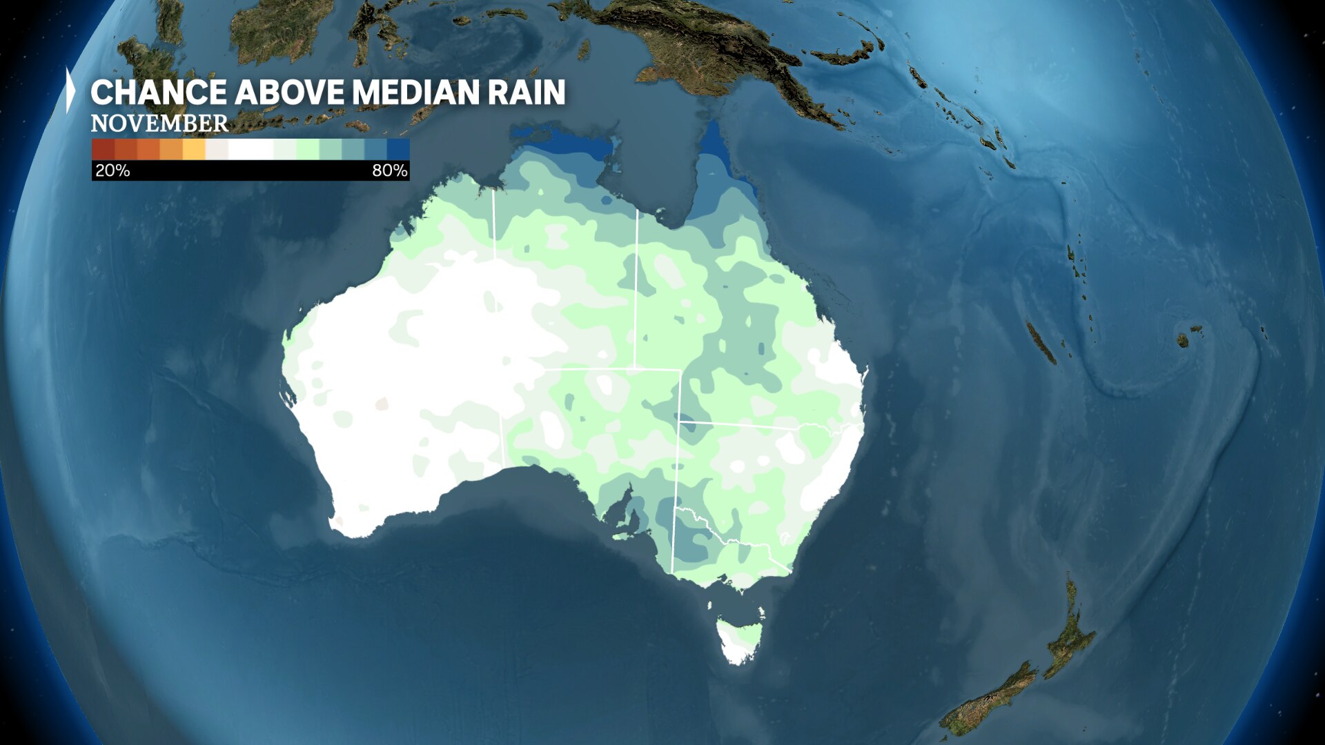A map of Australia in bue and white showing rainfall likelihood in December
