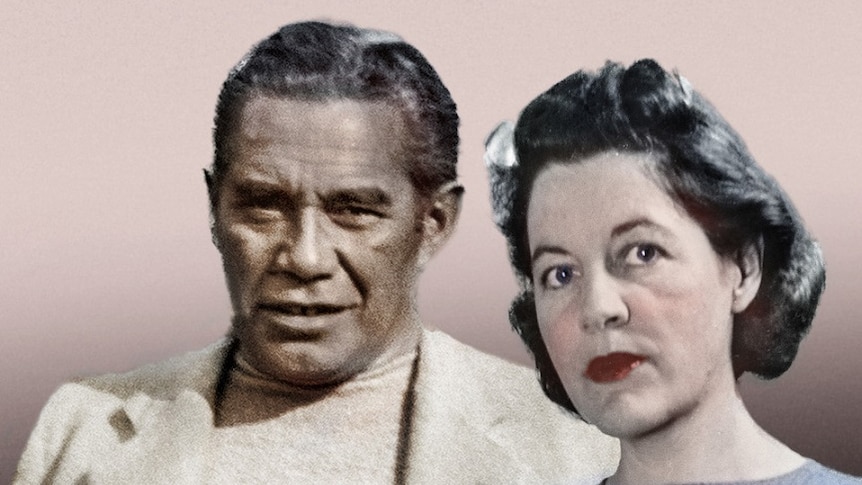 A husband and wife posing together. The image has been digitally coloured to give Mary red lipstick and a blue sweater.