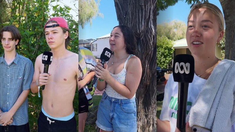A composite image of three young school leavers talking into an ABC microphone.