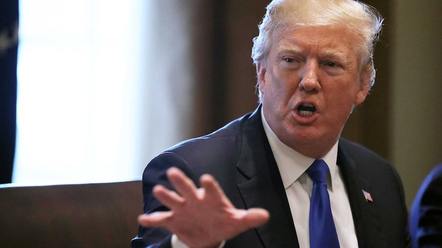 President Donald Trump wearing a suit, white shirt and blue tie gestures in a meeting room.