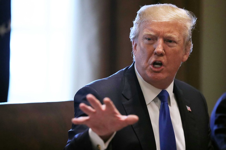 President Donald Trump wearing a suit, white shirt and blue tie gestures in a meeting room.