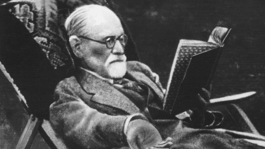 Sigmund Freud, wearing glasses and with a short grey beard, reads a book in a deck chair in the garden.