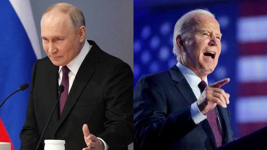 Two images: Vladimir Putn speaking at a podium in front of a Russian flag, and Joe Biden speaking in front of a US flag