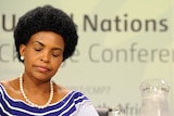 South African foreign minister Maite Nkoana-Mashabane gives a press conference in Durban.