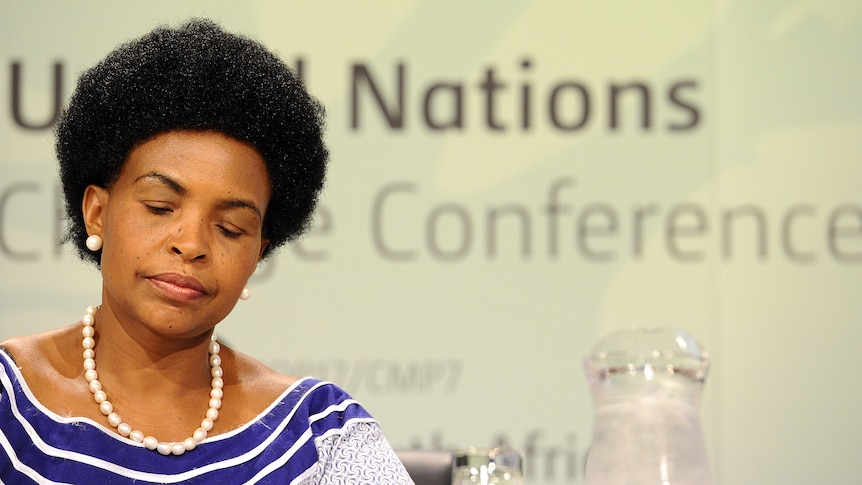 South African foreign minister Maite Nkoana-Mashabane gives a press conference in Durban.