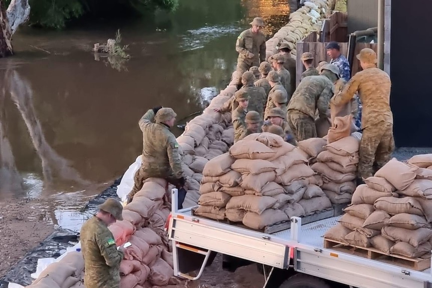 Army members move sandbags in a line setting up a levy. 