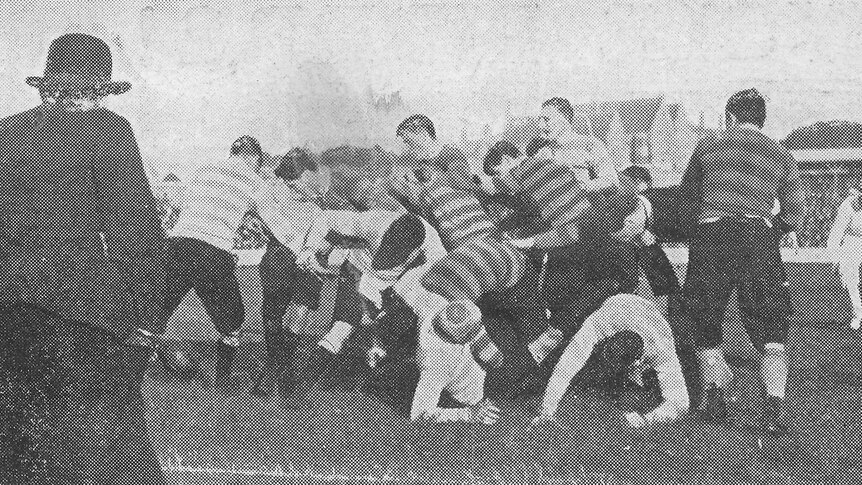 The earliest photo on record of West Harbour Rugby Club in action, playing a Sydney University team more than a century ago.