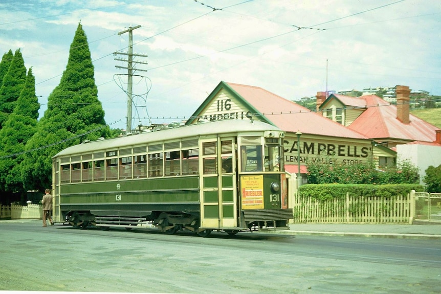 An old image of a tram running through the Lenah Valley.