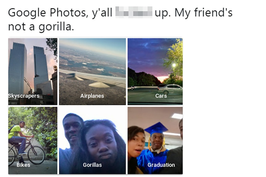 Google showing a photo of two black people with the tag 'Gorillas' underneath it.