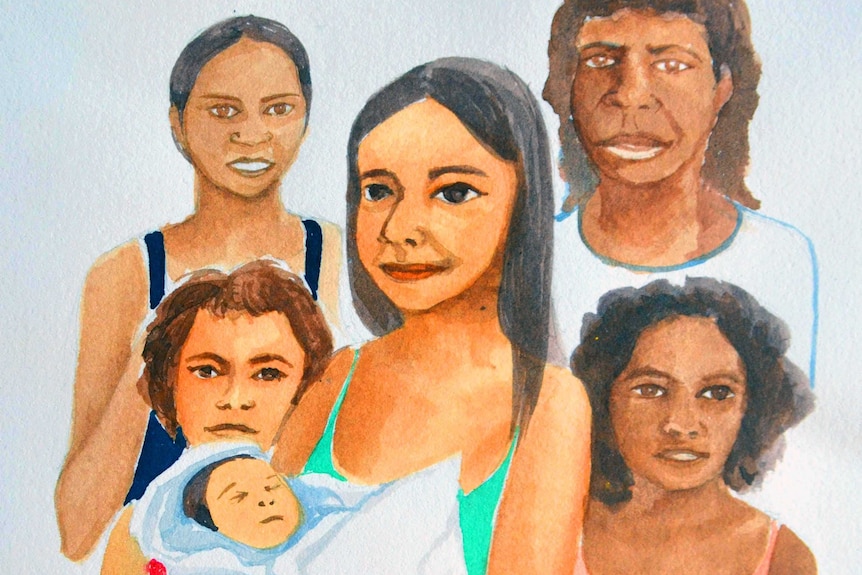 A painting of an Aboriginal mother holding a baby surrounded by other family members.