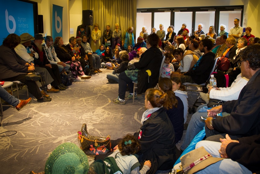 Aboriginal elders, Dale Simone Roberts and Melissa Lucashenko talk to the audience at the Our Way Stories book launch