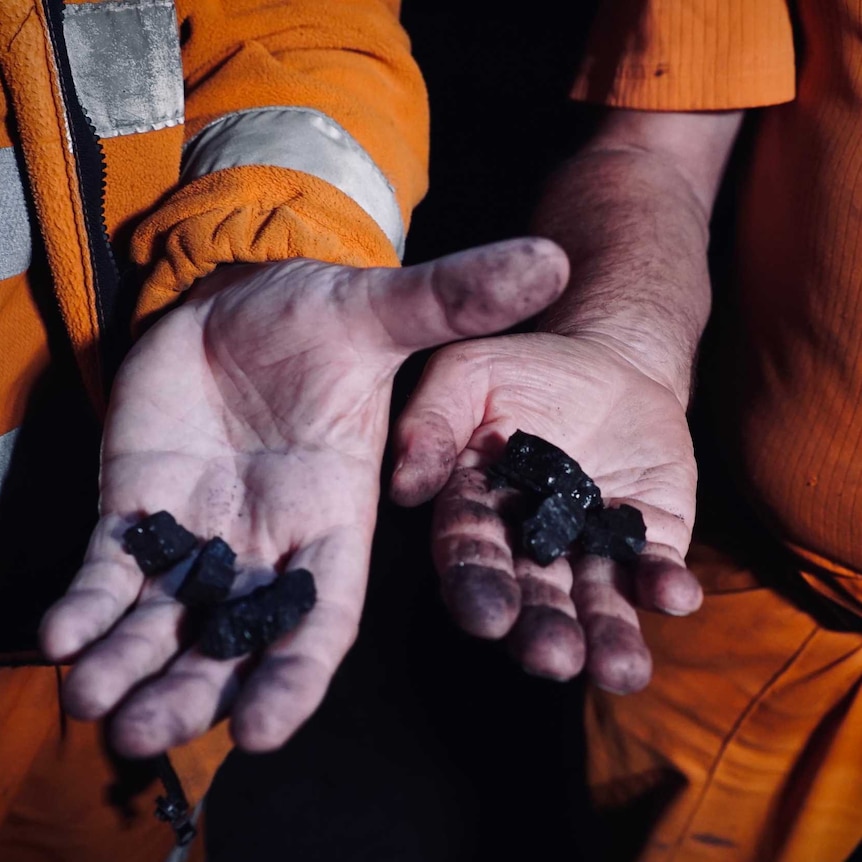 Men in high vis gear holding lumps of coal