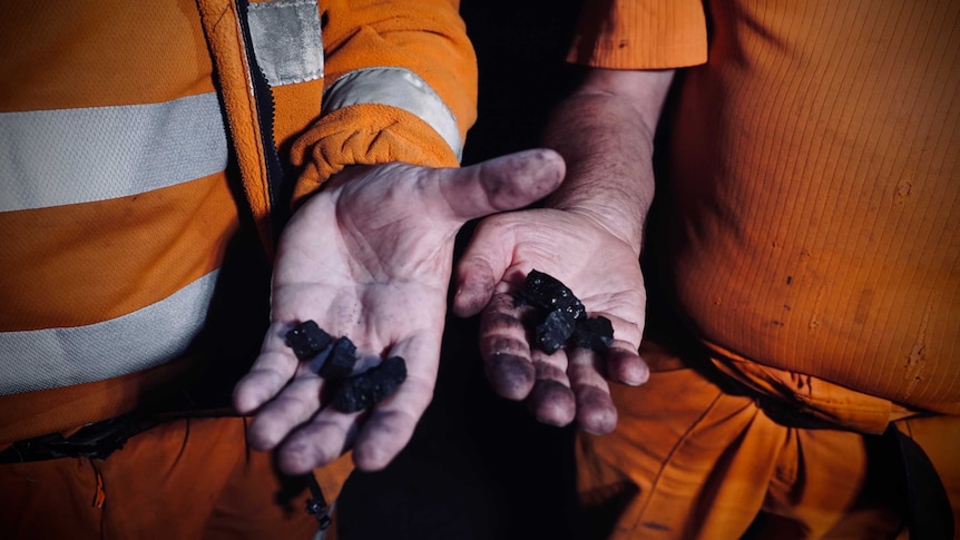 Men in high vis gear holding lumps of coal