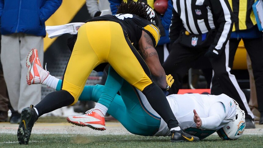 Pittsburgh Steelers linebacker Bud Dupree hits Miami Dolphins quarterback Matt Moore.