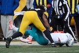 Pittsburgh Steelers linebacker Bud Dupree hits Miami Dolphins quarterback Matt Moore.