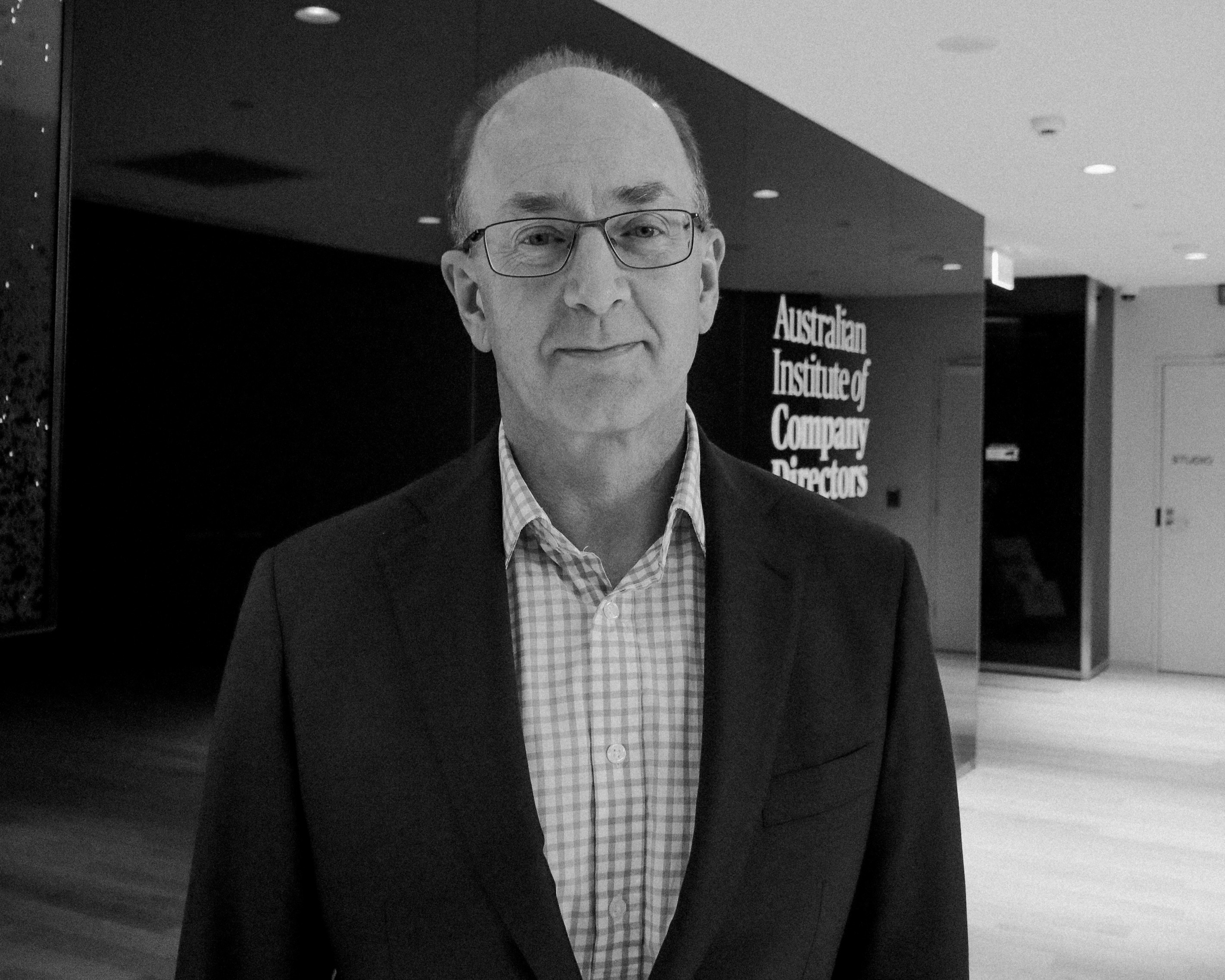Black and whote photo of Angus Armour at AICD office in May 2021