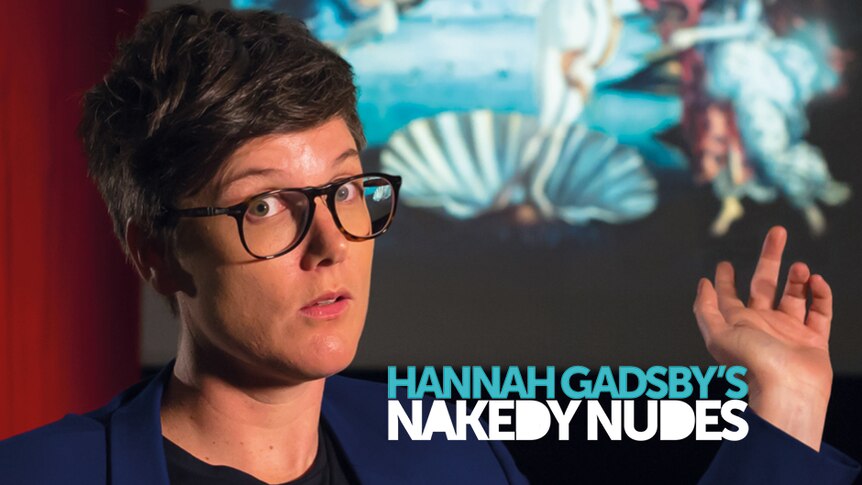 Hannah Gadsby pointing behind her to a painting of The Birth of Venus with a stunned expression