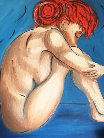 A painting of a woman with red hair sitting on the shower floor in desperate sadness.