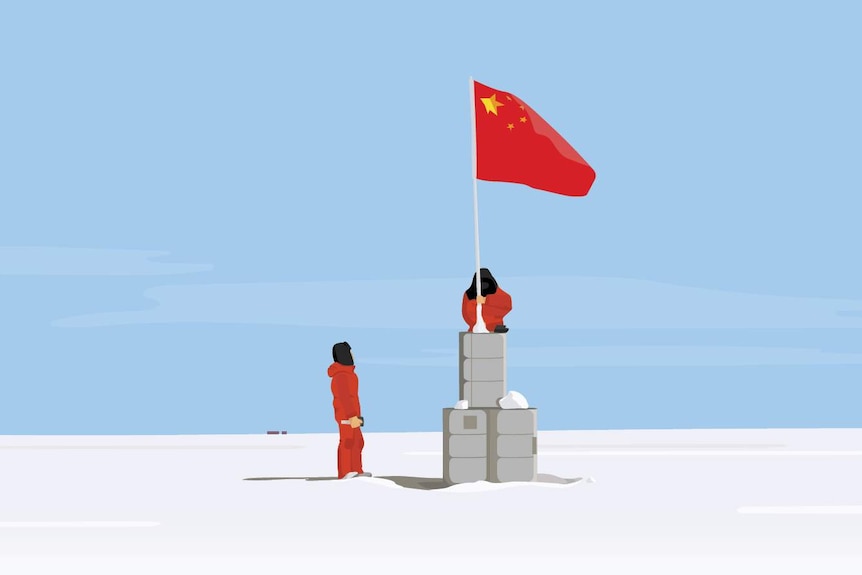 Two men from China planting Chinese flag in Antarctica