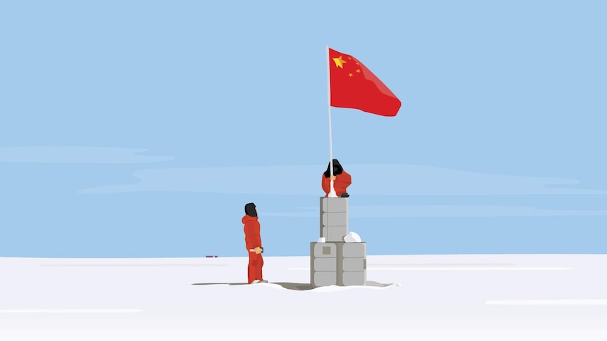 Two men from China planting Chinese flag in Antarctica