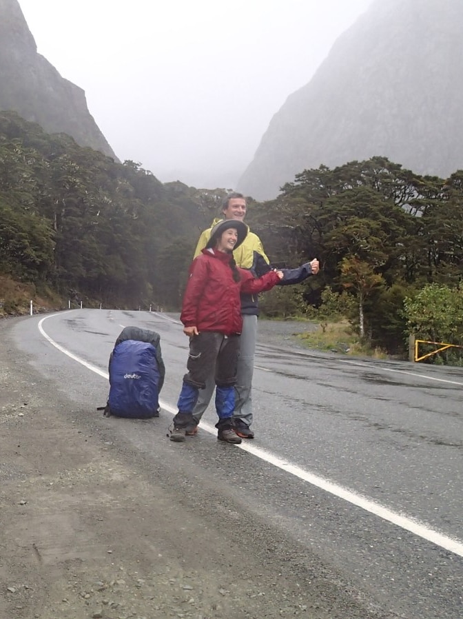 Sailors Carina Juhhova and Christophe Mora hitch hiking on Tasmania's west coast.
