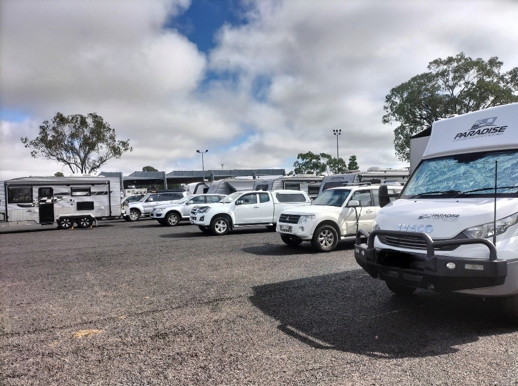 Caravans parked in a line.