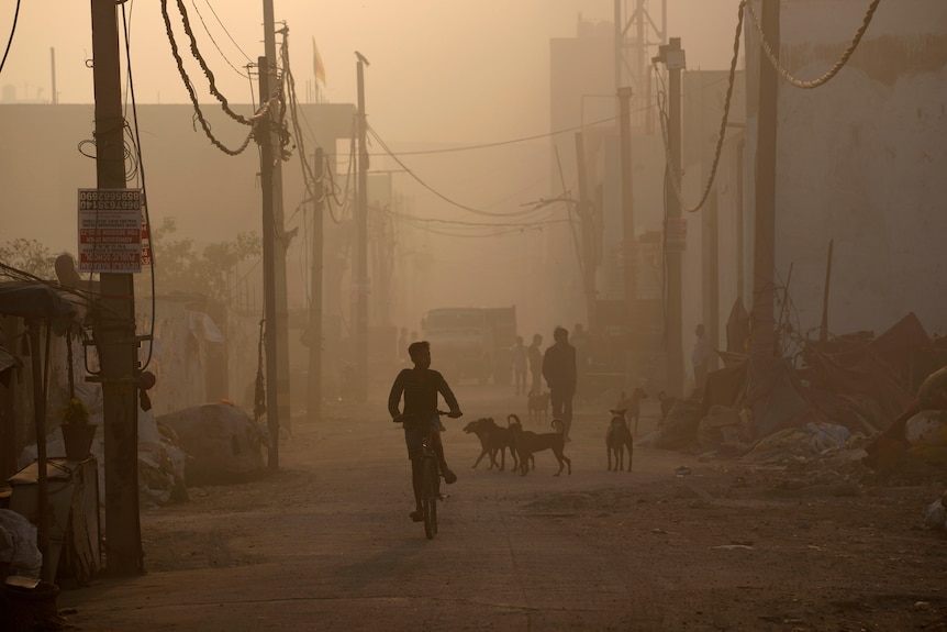 A boy rides a bicycle amidst thick smoke coming out of a fire from nearby landfill