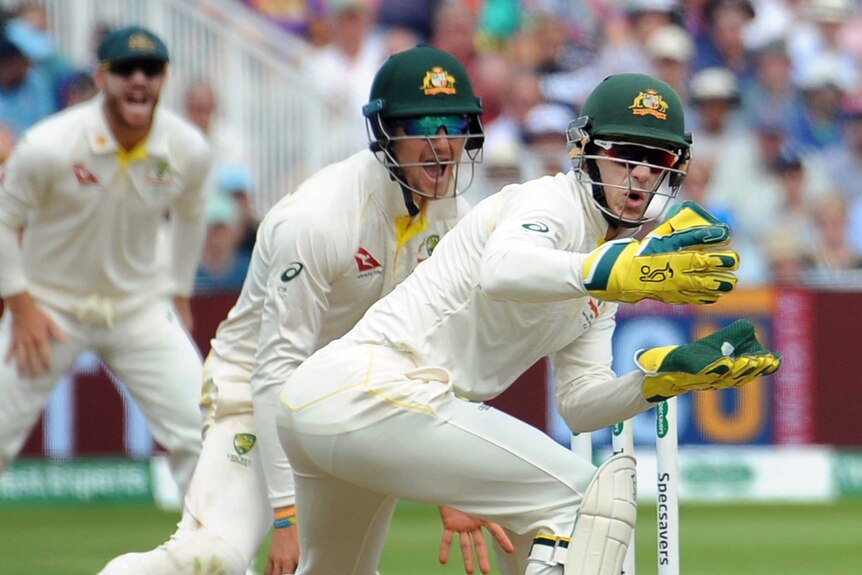 Australia wicketkeeper Tim Paine looks behind him as a cricket ball goes past. Cameron Bancroft and David Warner shout.
