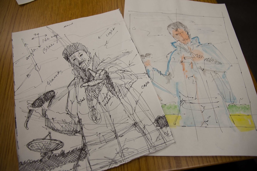 Pen and watercolour sketches of a man dressed in an Elvis Presley suit