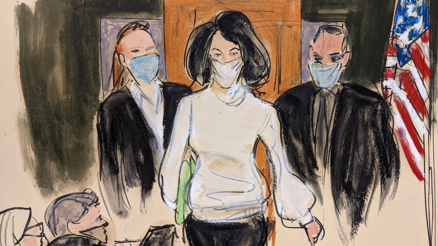 An artist's sketch of Ghislaine Maxwell walking into a courtroom flanked by two men.