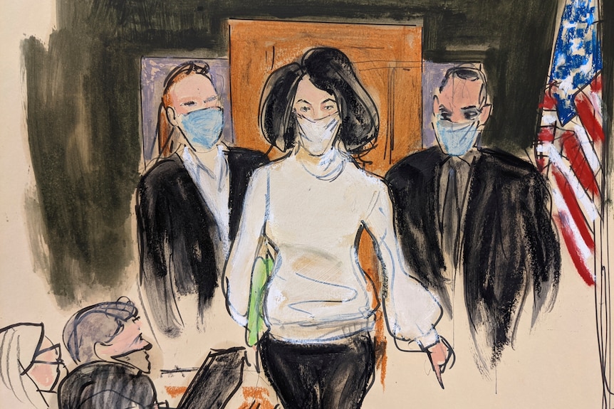 An artist's sketch of Ghislaine Maxwell walking into a courtroom flanked by two men.