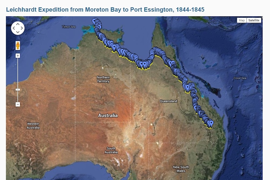 The digital map uses Google imagery to track Ludwig Leichhardt's expedition through northern Australia in 1844.