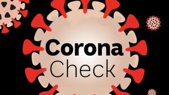 The words "Corona Check" are in the foreground with graphic representations of spiked coronavirus in background