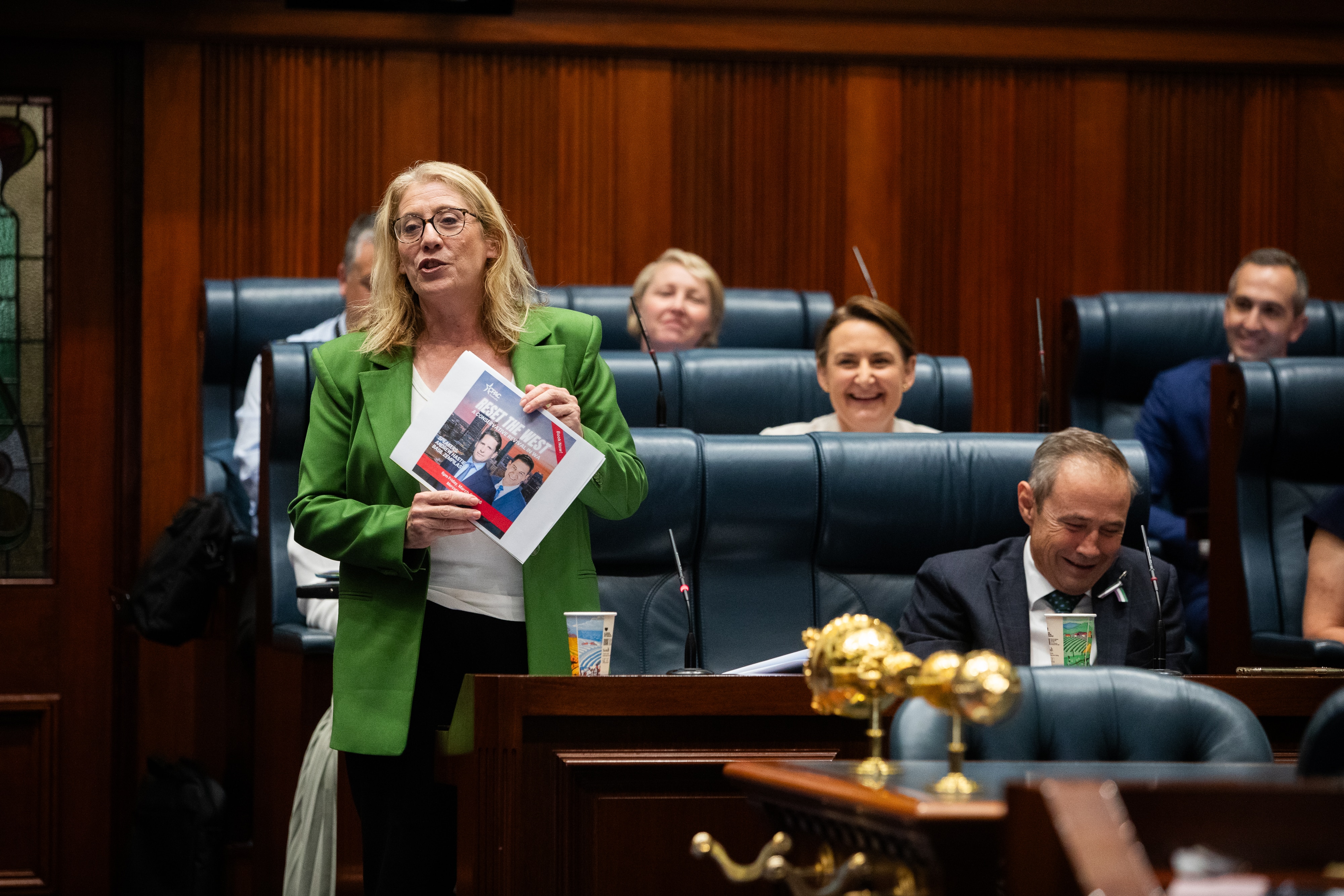 Rita Saffioti holds a piece of paper while speaking in Parliament.