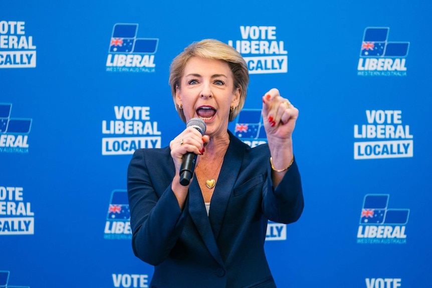 A close up of Michaelia Cash speaking into a microphone with a blue Liberal Party backdrop.