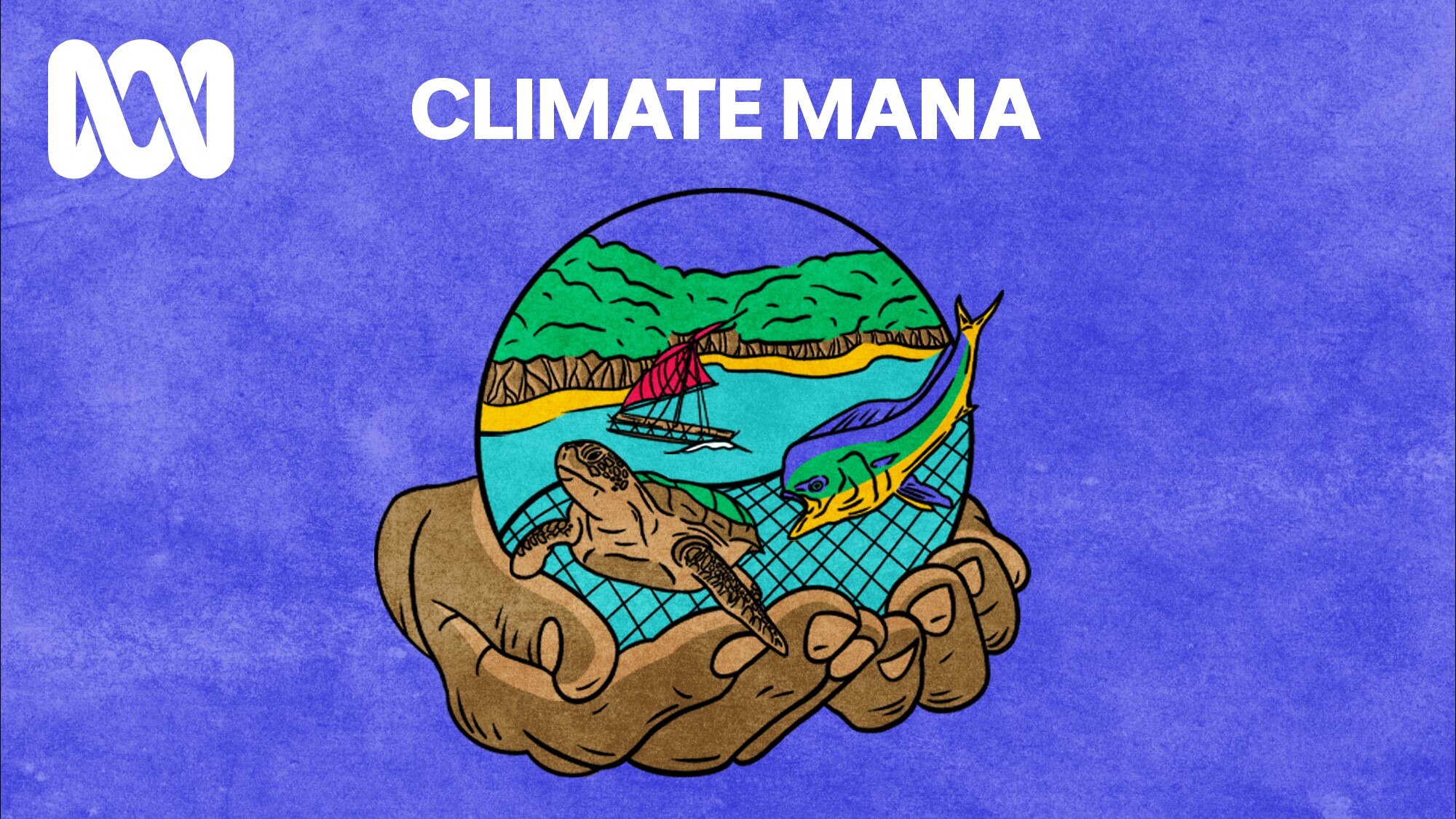 An illustration of hands holding a circle showing a turtle, fish, island, and boat.