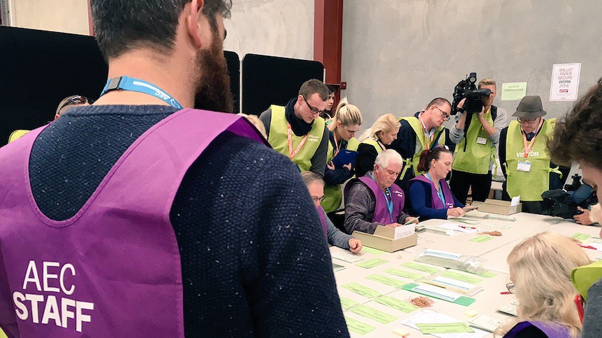 Australian Electoral Commission staff in purple vests sit at a table counting votes as other people in green vests watch over.