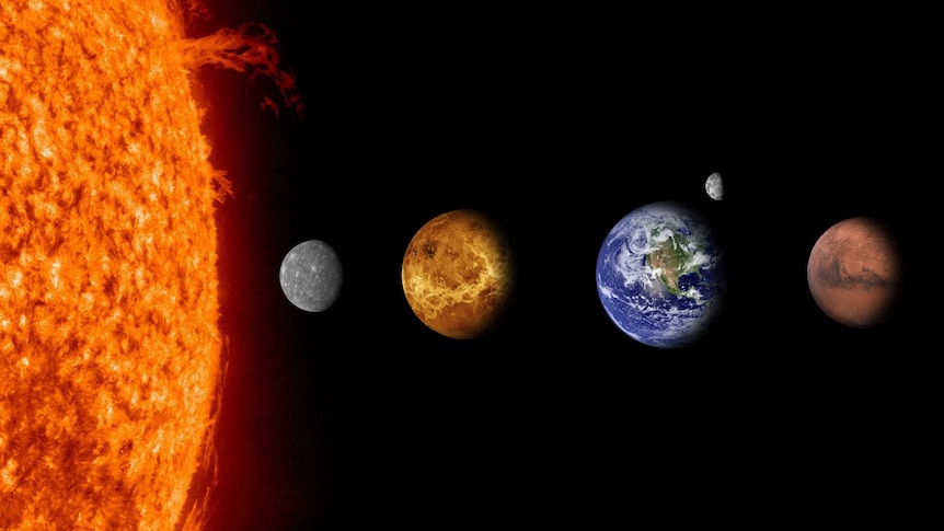Image of the Sun, Mercury, Venus, Earth and mars