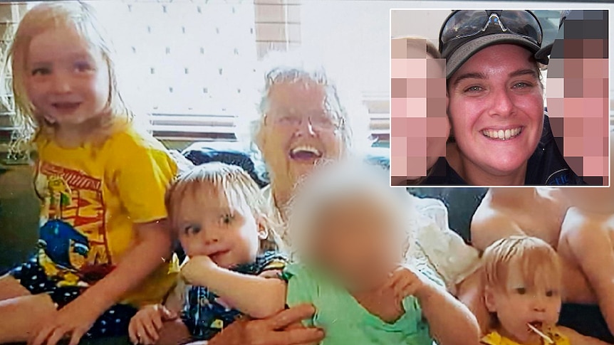 A grandmother cuddles several children, some with their faces blurred, on a couch, alongside an inset photo of a smiling woman.