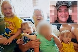 A grandmother cuddles several children, some with their faces blurred, on a couch, alongside an inset photo of a smiling woman.
