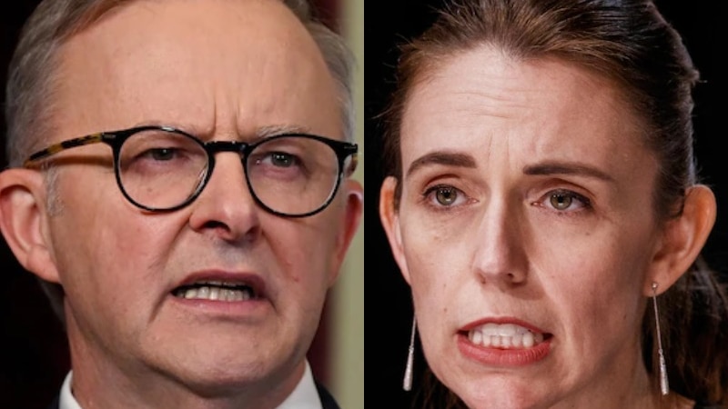 A composite image shows a close up of the face of a bespectacled man on the left and a woman on the right.