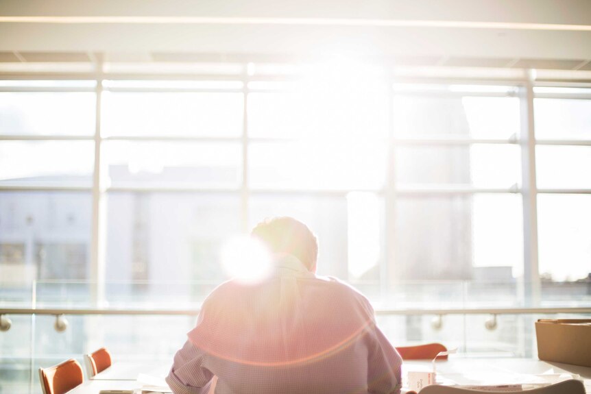 A light flare shows up on a man's back as he sits at a desk, facing a wide, sunny window.