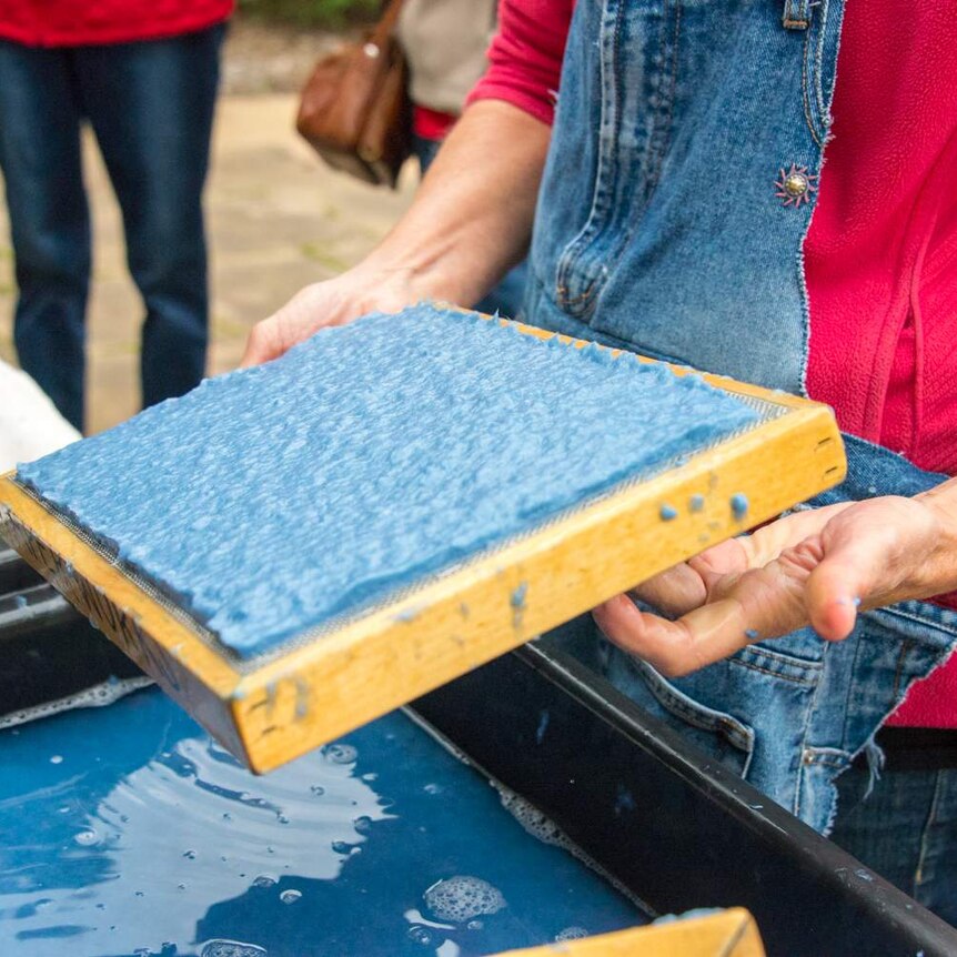 Denim pulp on a papermaking mould