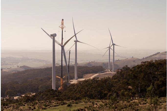 Wind turbines in an open field.