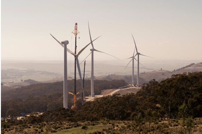 Wind turbines in an open field.