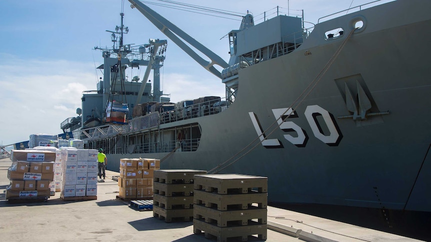HMAS Tobruk lifts supplies for Cyclone Pam relief