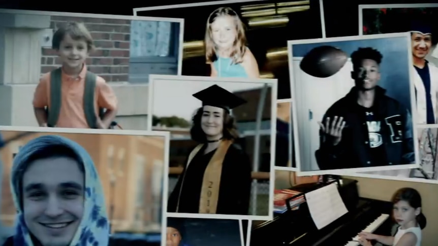 Several photos of children and young people during big life events like graduation are laid over the top of each other