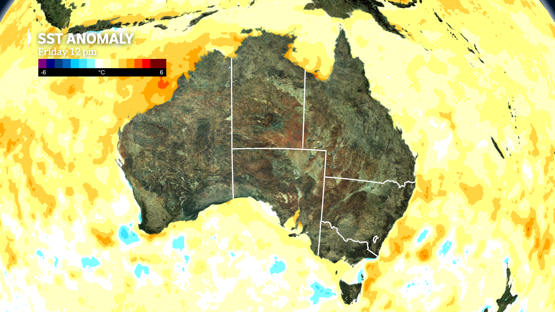 A heat map of Australia showing warm ocean currents. 