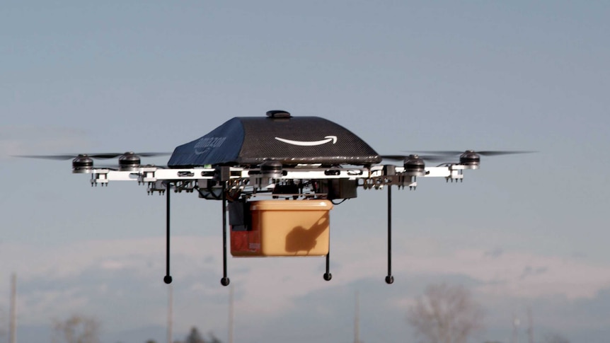 An Amazon flying "octocopter" mini-drone that would be used to fly small packages to consumers.