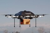 An Amazon flying "octocopter" mini-drone that would be used to fly small packages to consumers.